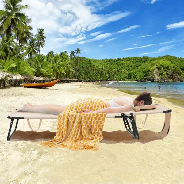 Chaise Longue de Bronzage Pliante Face vers Le Bas Chaise Longue de Plage avec Trou pour Le Visage Transat Solide pour Bain de Soleil Beige