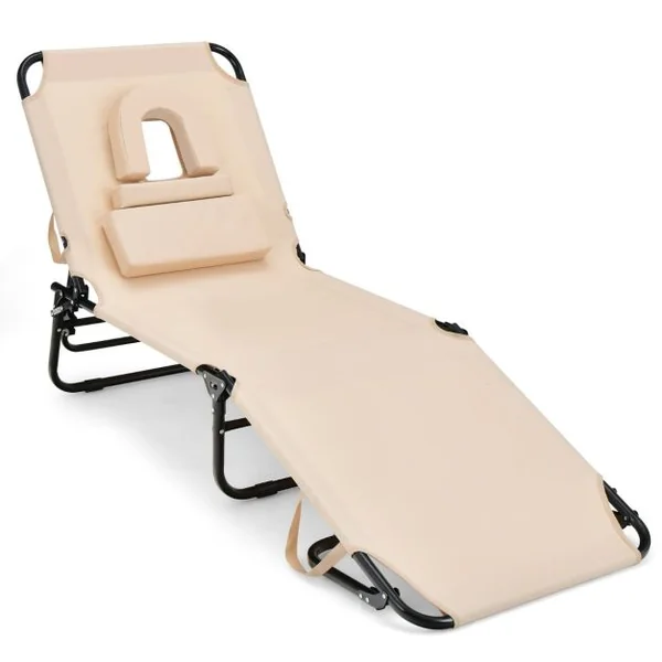Chaise Longue de Bronzage Pliante Face vers Le Bas Chaise Longue de Plage avec Trou pour Le Visage Transat Solide pour Bain de Soleil Beige