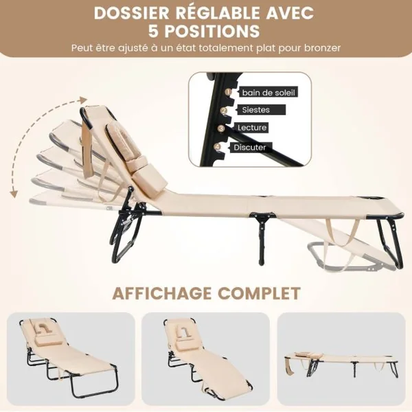 Chaise Longue de Bronzage Pliante Face vers Le Bas Chaise Longue de Plage avec Trou pour Le Visage Transat Solide pour Bain de Soleil Beige