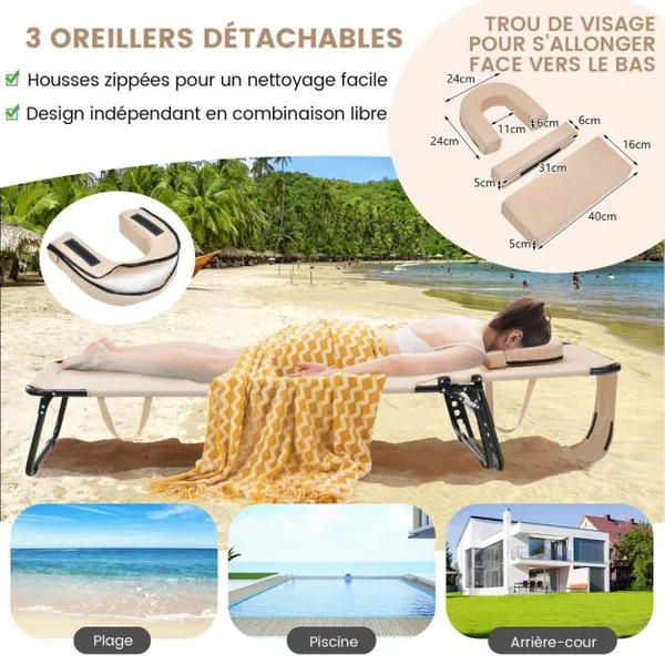 Chaise Longue de Bronzage Pliante Face vers Le Bas Chaise Longue de Plage avec Trou pour Le Visage Transat Solide pour Bain de Soleil Beige