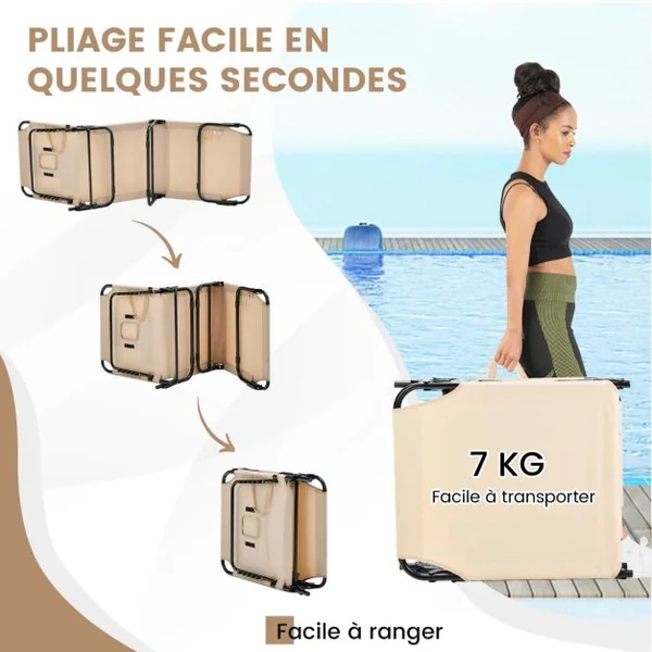 Chaise Longue de Bronzage Pliante Face vers Le Bas Chaise Longue de Plage avec Trou pour Le Visage Transat Solide pour Bain de Soleil Beige