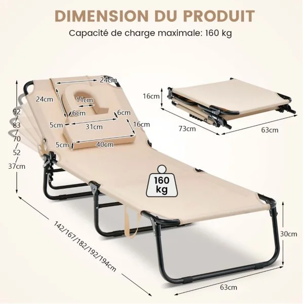 Chaise Longue de Bronzage Pliante Face vers Le Bas Chaise Longue de Plage avec Trou pour Le Visage Transat Solide pour Bain de Soleil Beige