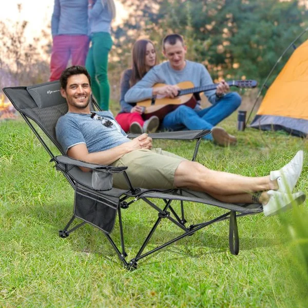 Chaise Longue de Camping Chaise Longue de Loisirs 2 en 1 Repose-pieds Amovible Dossier Réglable Sac de Rangement Porte-gobelet Appui-tête Gris
