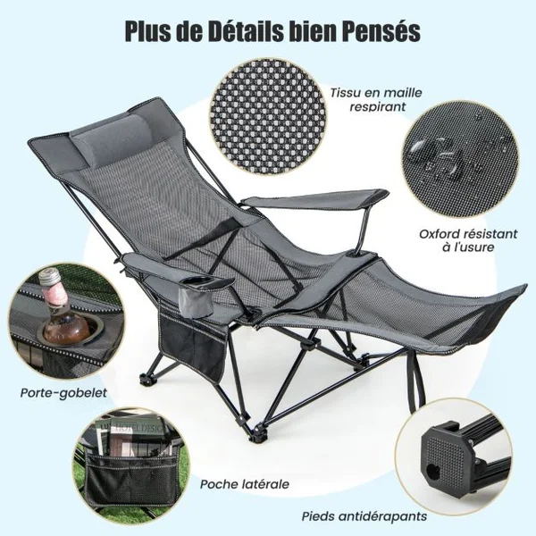 Chaise Longue de Camping Chaise Longue de Loisirs 2 en 1 Repose-pieds Amovible Dossier Réglable Sac de Rangement Porte-gobelet Appui-tête Gris
