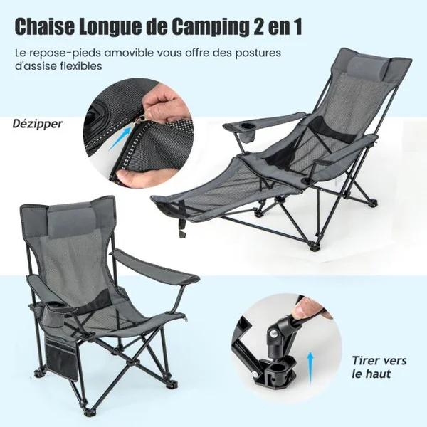 Chaise Longue de Camping Chaise Longue de Loisirs 2 en 1 Repose-pieds Amovible Dossier Réglable Sac de Rangement Porte-gobelet Appui-tête Gris