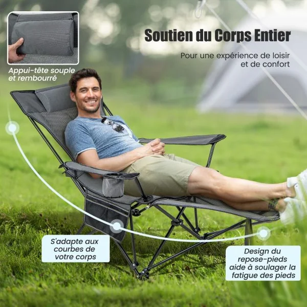 Chaise Longue de Camping Chaise Longue de Loisirs 2 en 1 Repose-pieds Amovible Dossier Réglable Sac de Rangement Porte-gobelet Appui-tête Gris