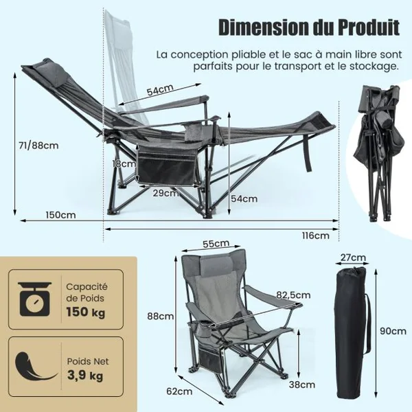 Chaise Longue de Camping Chaise Longue de Loisirs 2 en 1 Repose-pieds Amovible Dossier Réglable Sac de Rangement Porte-gobelet Appui-tête Gris