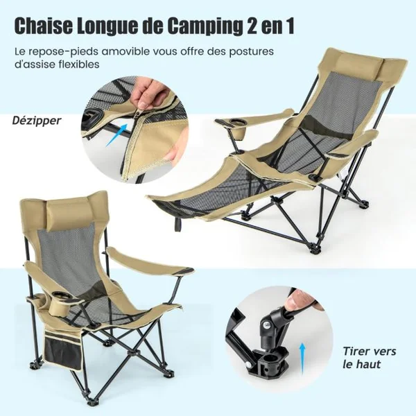 Chaise Longue de Camping Chaise Longue de Loisirs 2 en 1 Repose-pieds Amovible Dossier Réglable Sac de Rangement Porte-gobelet Appui-tête Vert