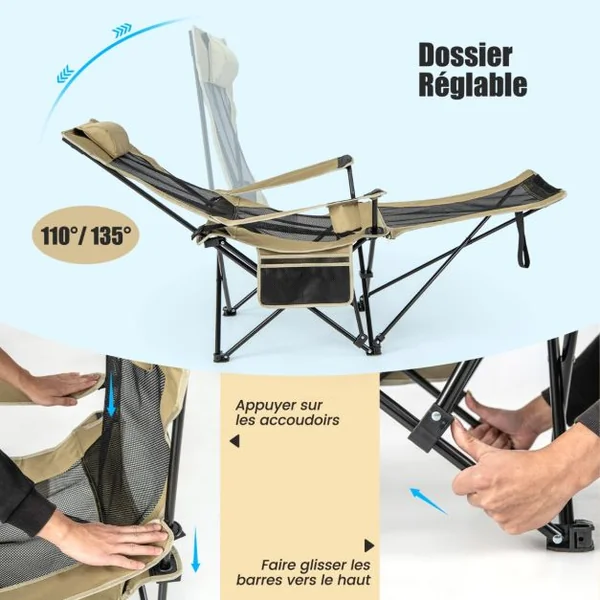 Chaise Longue de Camping Chaise Longue de Loisirs 2 en 1 Repose-pieds Amovible Dossier Réglable Sac de Rangement Porte-gobelet Appui-tête Vert