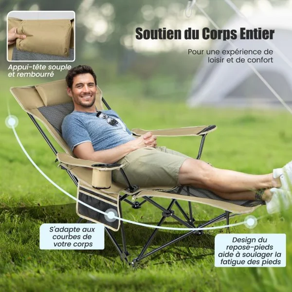Chaise Longue de Camping Chaise Longue de Loisirs 2 en 1 Repose-pieds Amovible Dossier Réglable Sac de Rangement Porte-gobelet Appui-tête Vert