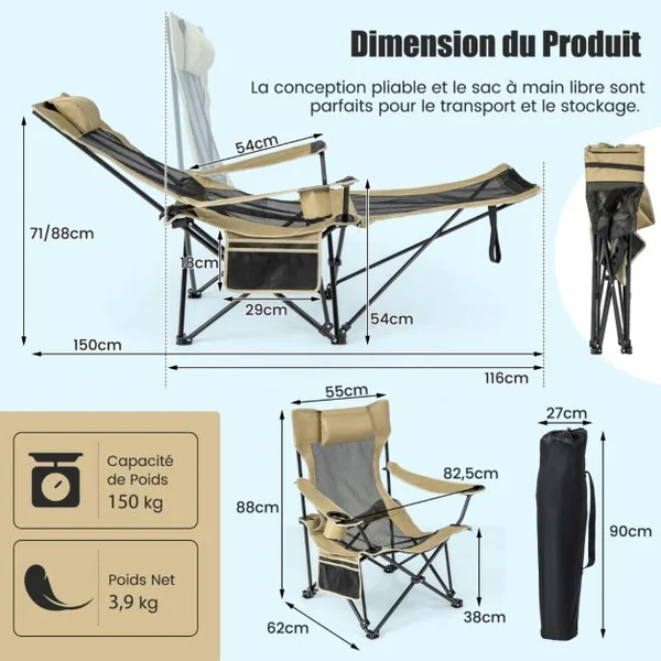 Chaise Longue de Camping Chaise Longue de Loisirs 2 en 1 Repose-pieds Amovible Dossier Réglable Sac de Rangement Porte-gobelet Appui-tête Vert