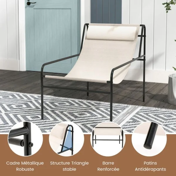 Chaise Longue de Jardin en Textilène Appui-tête Amovible Patins Antidérapants Cadre en Métal Charge 160KG Beige