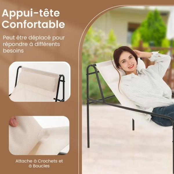 Chaise Longue de Jardin en Textilène Appui-tête Amovible Patins Antidérapants Cadre en Métal Charge 160KG Beige