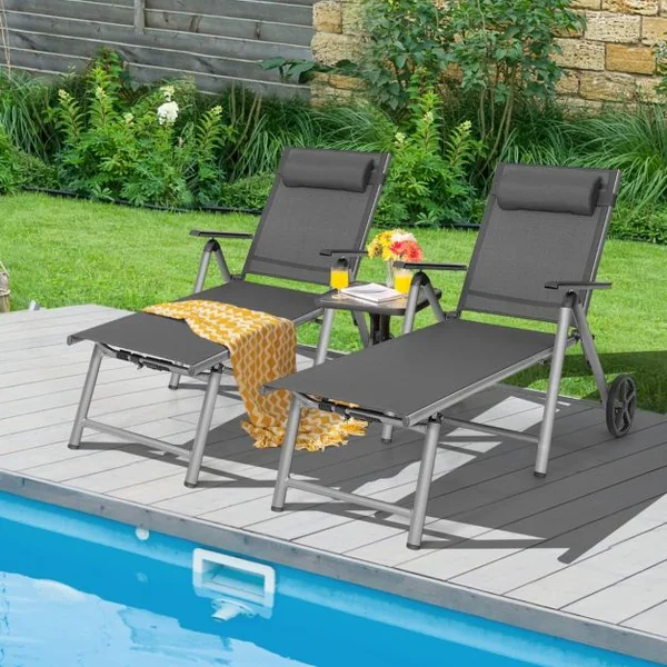 Chaise Longue de Jardin Inclinable Pliable en Aluminium avec Roulettes 7 Dossier Réglable Appuie-Tête Amovible Charge 150KG Noir