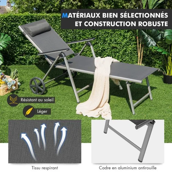 Chaise Longue de Jardin Inclinable Pliable en Aluminium avec Roulettes 7 Dossier Réglable Appuie-Tête Amovible Charge 150KG Noir