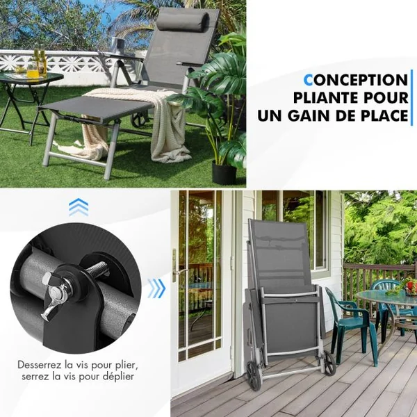 Chaise Longue de Jardin Inclinable Pliable en Aluminium avec Roulettes 7 Dossier Réglable Appuie-Tête Amovible Charge 150KG Noir