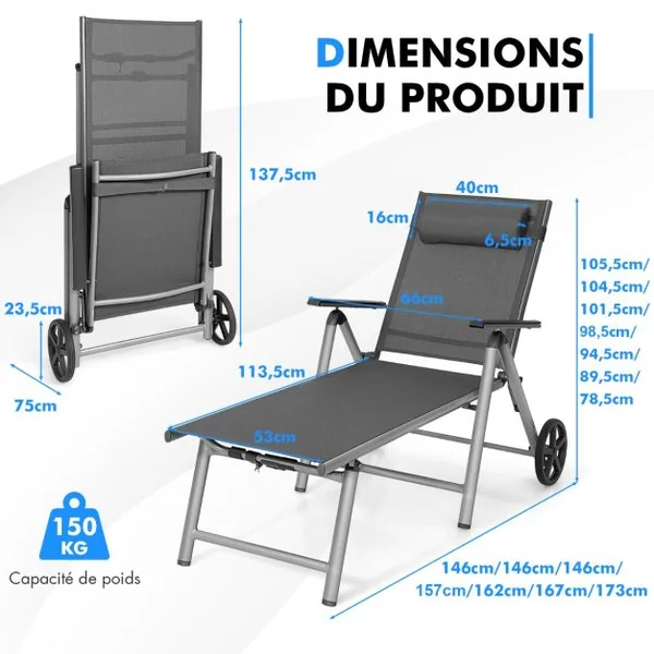 Chaise Longue de Jardin Inclinable Pliable en Aluminium avec Roulettes 7 Dossier Réglable Appuie-Tête Amovible Charge 150KG Noir