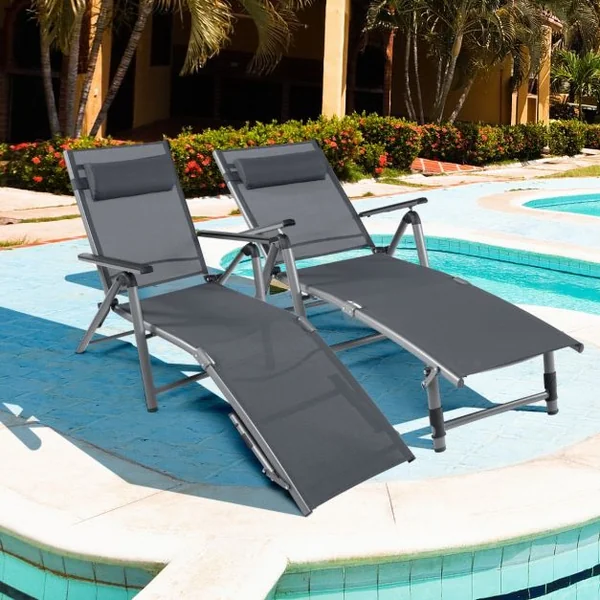 Chaise Longue d'Extérieur en Aluminium avec 8 Positions de Dossier et 2 Pieds Réglables en Tissu à Séchage Rapide Gris