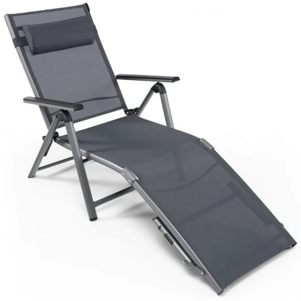 Chaise Longue d'Extérieur en Aluminium avec 8 Positions de Dossier et 2 Pieds Réglables en Tissu à Séchage Rapide Gris