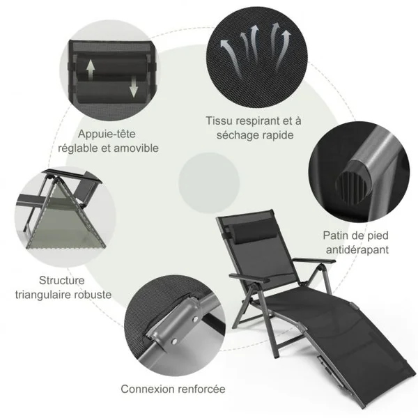 Chaise Longue d'Extérieur en Aluminium avec 8 Positions de Dossier et 2 Pieds Réglables en Tissu à Séchage Rapide Gris
