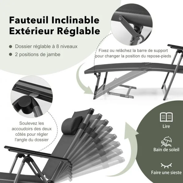 Chaise Longue d'Extérieur en Aluminium avec 8 Positions de Dossier et 2 Pieds Réglables en Tissu à Séchage Rapide Gris