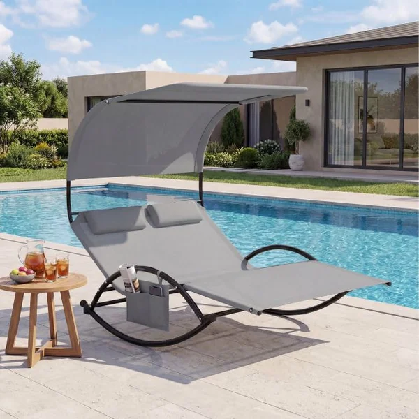 Chaise Longue Double Chaise à Bascule pour 2 Personnes 2 Appui-Têtes Amovibles Cadre en Métal Robuste Lit de Repos Ergonomique 2 Places Gris