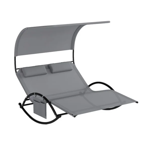 Chaise Longue Double Chaise à Bascule pour 2 Personnes 2 Appui-Têtes Amovibles Cadre en Métal Robuste Lit de Repos Ergonomique 2 Places Gris