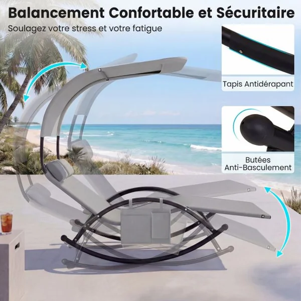 Chaise Longue Double Chaise à Bascule pour 2 Personnes 2 Appui-Têtes Amovibles Cadre en Métal Robuste Lit de Repos Ergonomique 2 Places Gris