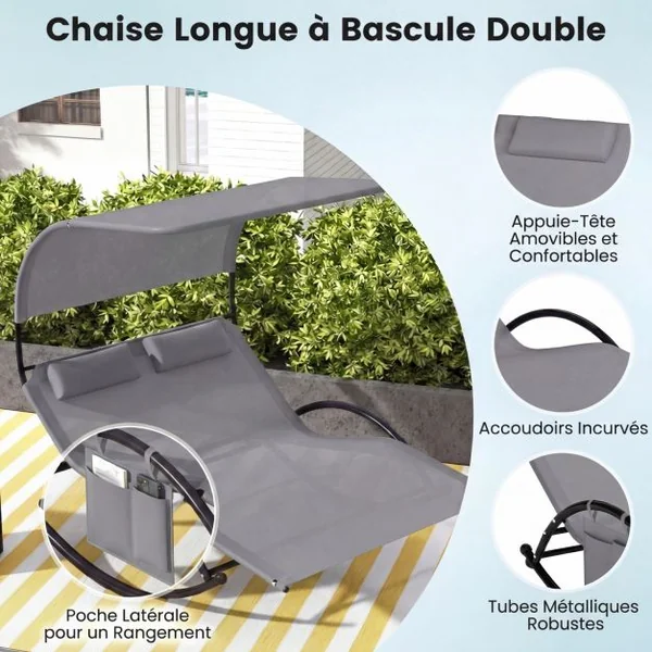 Chaise Longue Double Chaise à Bascule pour 2 Personnes 2 Appui-Têtes Amovibles Cadre en Métal Robuste Lit de Repos Ergonomique 2 Places Gris