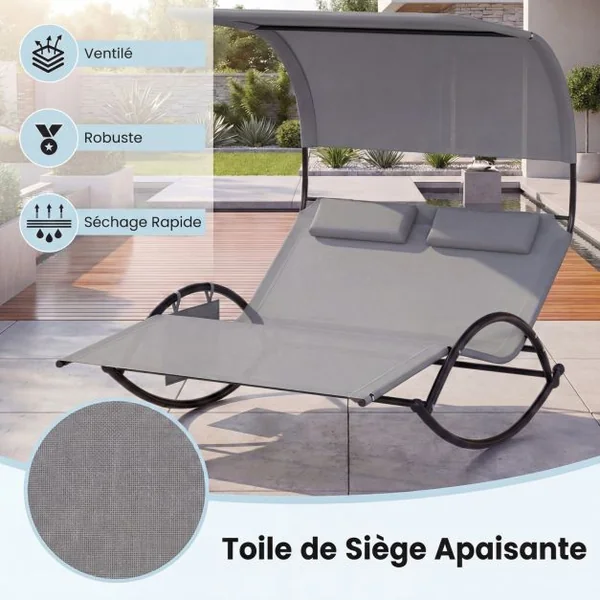 Chaise Longue Double Chaise à Bascule pour 2 Personnes 2 Appui-Têtes Amovibles Cadre en Métal Robuste Lit de Repos Ergonomique 2 Places Gris