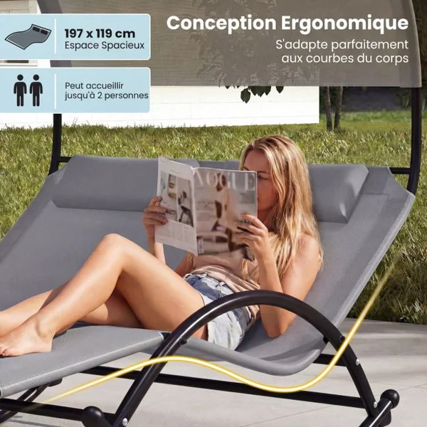 Chaise Longue Double Chaise à Bascule pour 2 Personnes 2 Appui-Têtes Amovibles Cadre en Métal Robuste Lit de Repos Ergonomique 2 Places Gris
