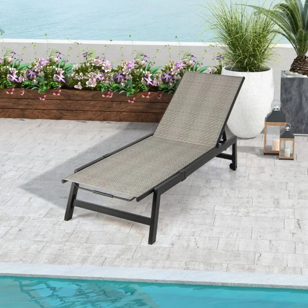 Chaise Longue en Métal Galvanisé avec Roulettes Fauteuil Inclinable Extérieur en Rotin Pe Dossier Réglable à 5 Positions Gris