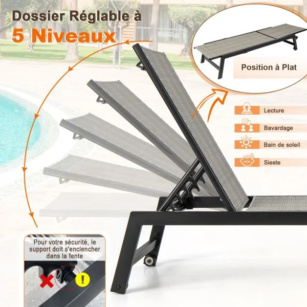 Chaise Longue en Métal Galvanisé avec Roulettes Fauteuil Inclinable Extérieur en Rotin Pe Dossier Réglable à 5 Positions Gris