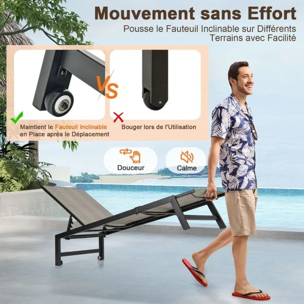 Chaise Longue en Métal Galvanisé avec Roulettes Fauteuil Inclinable Extérieur en Rotin Pe Dossier Réglable à 5 Positions Gris