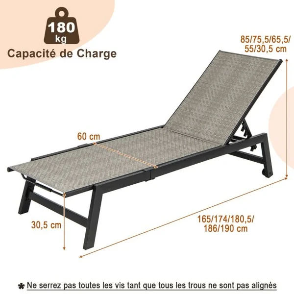 Chaise Longue en Métal Galvanisé avec Roulettes Fauteuil Inclinable Extérieur en Rotin Pe Dossier Réglable à 5 Positions Gris