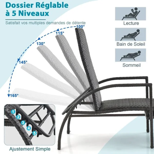 Chaise Longue en Rotin avec Pouf Rétractable Dossier Réglable à 5 Niveaux Accoudoirs pour Jardin Arrière-cour 150 kg Marron