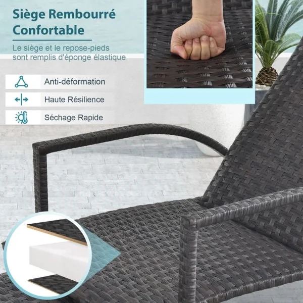 Chaise Longue en Rotin avec Pouf Rétractable Dossier Réglable à 5 Niveaux Accoudoirs pour Jardin Arrière-cour 150 kg Marron