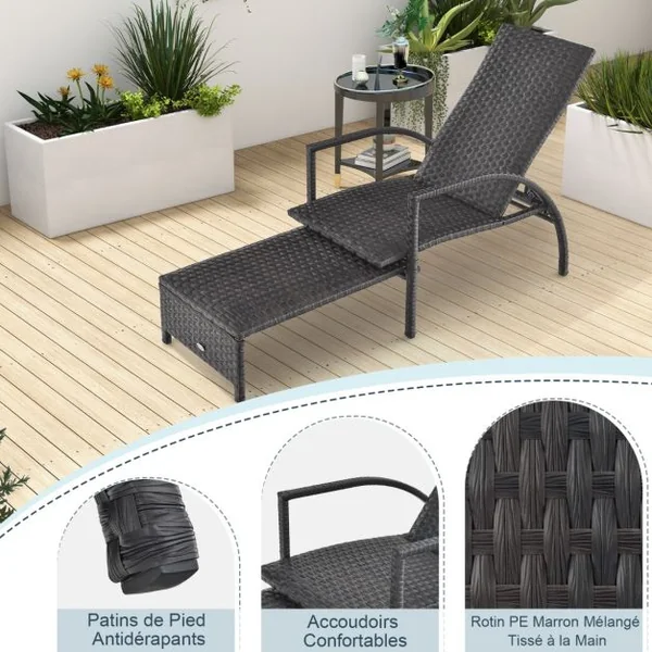 Chaise Longue en Rotin avec Pouf Rétractable Dossier Réglable à 5 Niveaux Accoudoirs pour Jardin Arrière-cour 150 kg Marron