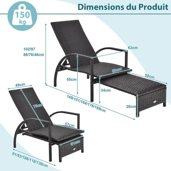 Chaise Longue en Rotin avec Pouf Rétractable Dossier Réglable à 5 Niveaux Accoudoirs pour Jardin Arrière-cour 150 kg Marron