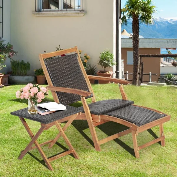 Chaise Longue en Rotin avec Repose-pied Rétractable Table d'Appoint Pliable et Accoudoirs pour Jardin