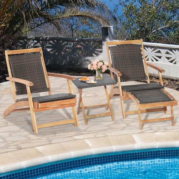 Chaise Longue en Rotin avec Repose-pied Rétractable Table d'Appoint Pliable et Accoudoirs pour Jardin