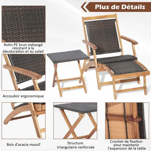 Chaise Longue en Rotin avec Repose-pied Rétractable Table d'Appoint Pliable et Accoudoirs pour Jardin