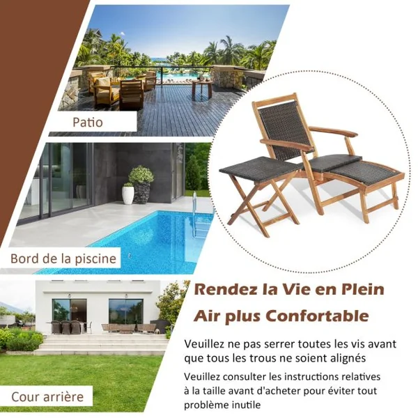 Chaise Longue en Rotin avec Repose-pied Rétractable Table d'Appoint Pliable et Accoudoirs pour Jardin