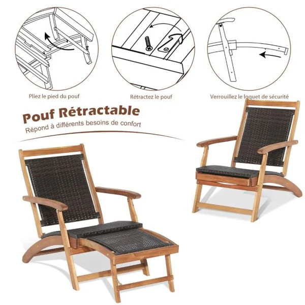Chaise Longue en Rotin avec Repose-pied Rétractable Table d'Appoint Pliable et Accoudoirs pour Jardin