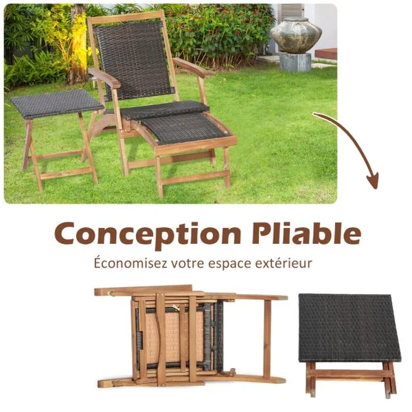 Chaise Longue en Rotin avec Repose-pied Rétractable Table d'Appoint Pliable et Accoudoirs pour Jardin