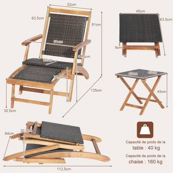 Chaise Longue en Rotin avec Repose-pied Rétractable Table d'Appoint Pliable et Accoudoirs pour Jardin