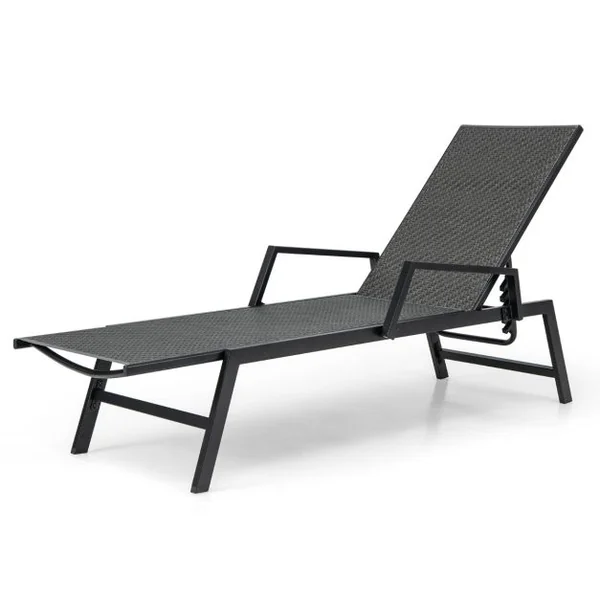 Chaise Longue en Rotin Chaise Inclinable en Osier PE Tissé avec Accoudoirs et Dossier à 5 Positions Cadre en Métal Robuste Fauteuil Inclinable Marron