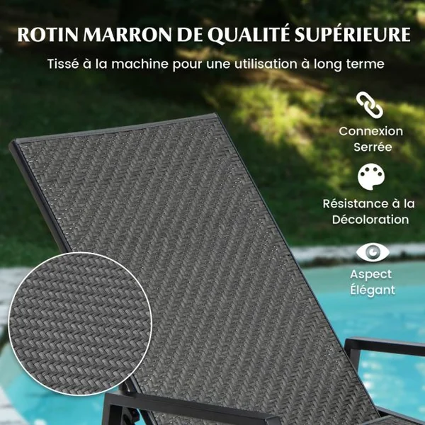 Chaise Longue en Rotin Chaise Inclinable en Osier PE Tissé avec Accoudoirs et Dossier à 5 Positions Cadre en Métal Robuste Fauteuil Inclinable Marron
