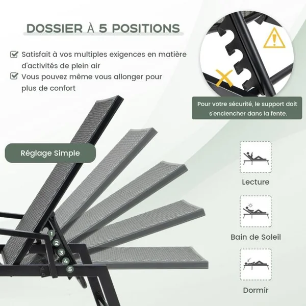 Chaise Longue en Rotin Chaise Inclinable en Osier PE Tissé avec Accoudoirs et Dossier à 5 Positions Cadre en Métal Robuste Fauteuil Inclinable Marron