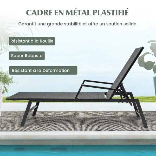 Chaise Longue en Rotin Chaise Inclinable en Osier PE Tissé avec Accoudoirs et Dossier à 5 Positions Cadre en Métal Robuste Fauteuil Inclinable Marron